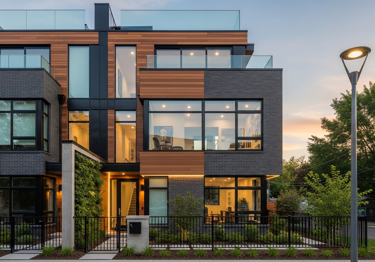 Minimalist house exterior at dusk