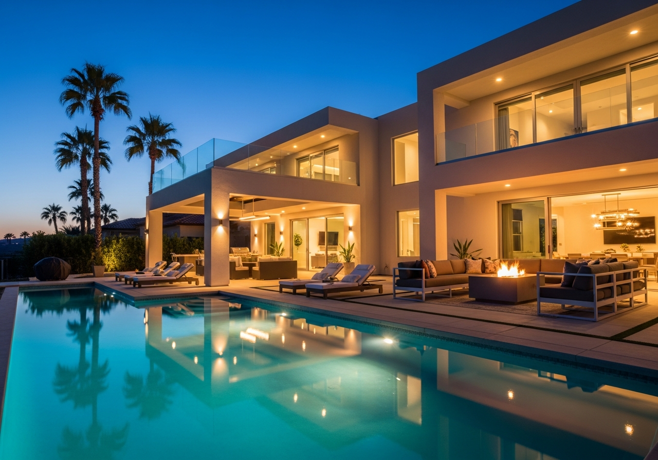 Minimalist house exterior at dusk